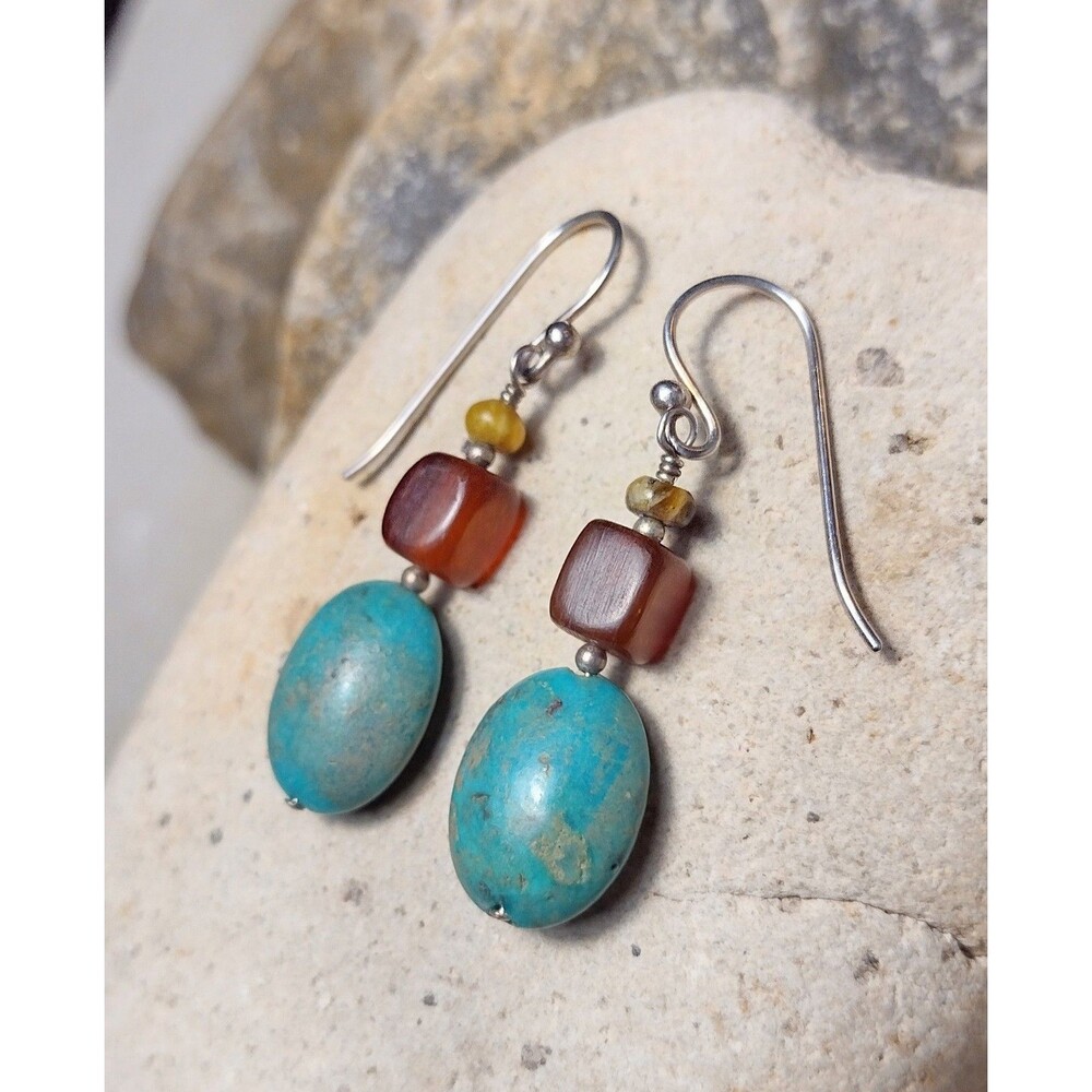Turquoise Red Horn Amber Sterling Silver Earrings